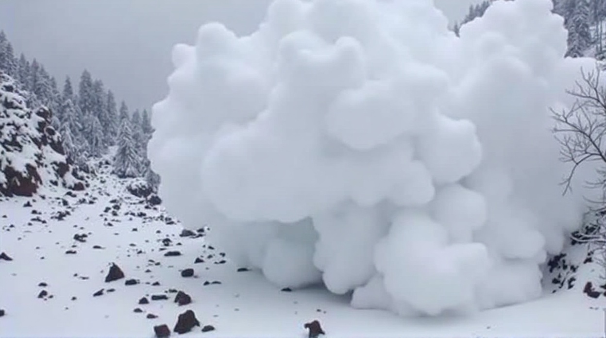 Massive white snow cloud from an avalanche rolling down a mountain slope in Sonamarg, Jammu and Kashmir.