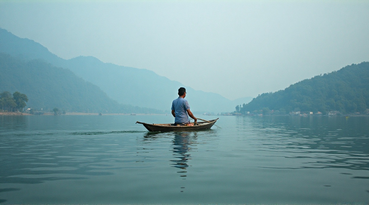 A man rowing a traditional wooden boat on the calm waters of Dal Lake in Srinagar with misty mountains in the background