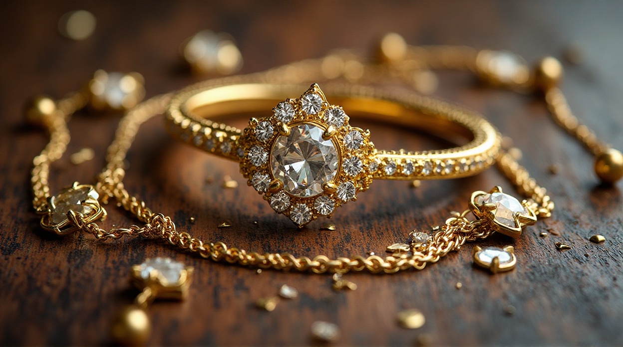 A vintage-style yellow gold halo ring with a large center diamond and intricate gold chain jewellery on a dark wood surface.