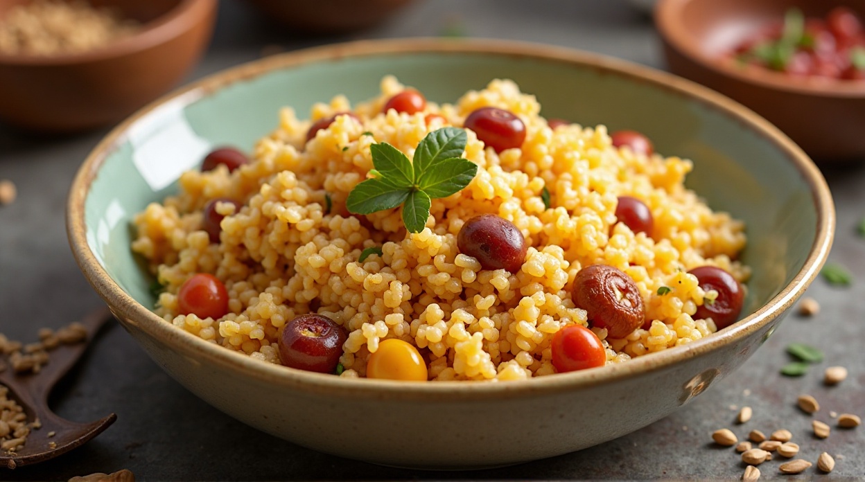 A bowl of traditional Kashmiri pulao with golden grains, vibrant red berries, and fresh mint garnish in Srinagar.