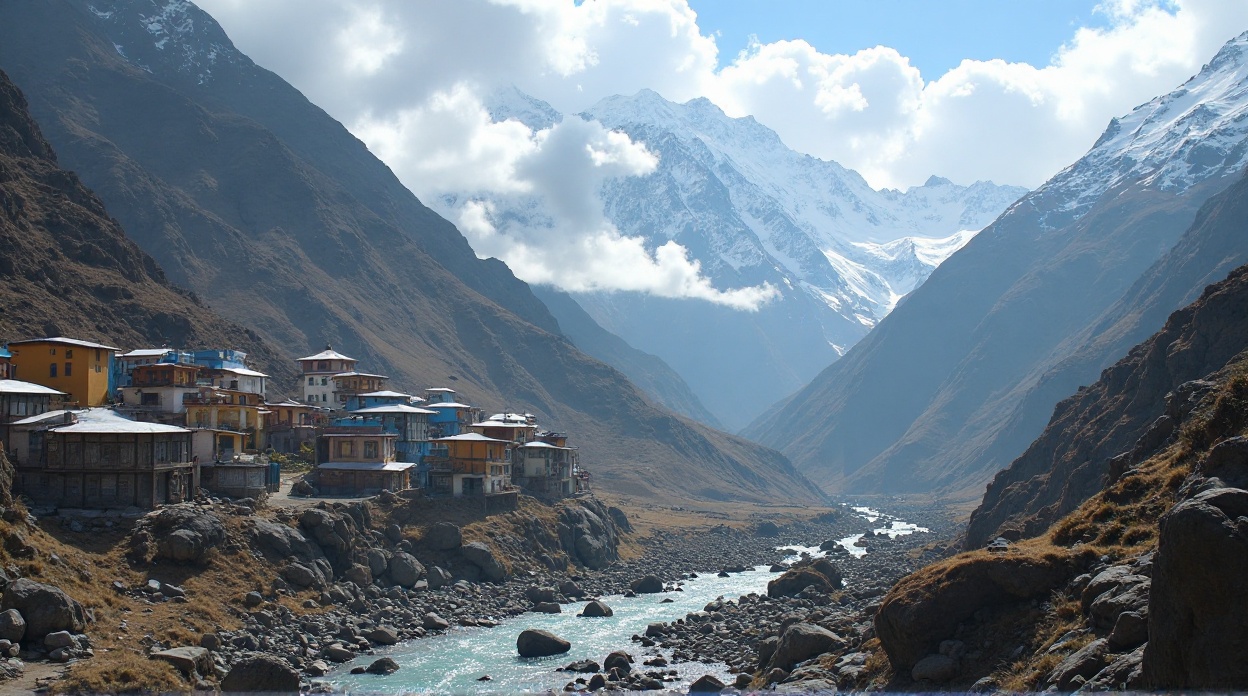 Aerial view of Mana village near Badrinath, situated in a green Himalayan valley with the Alaknanda river flowing through.