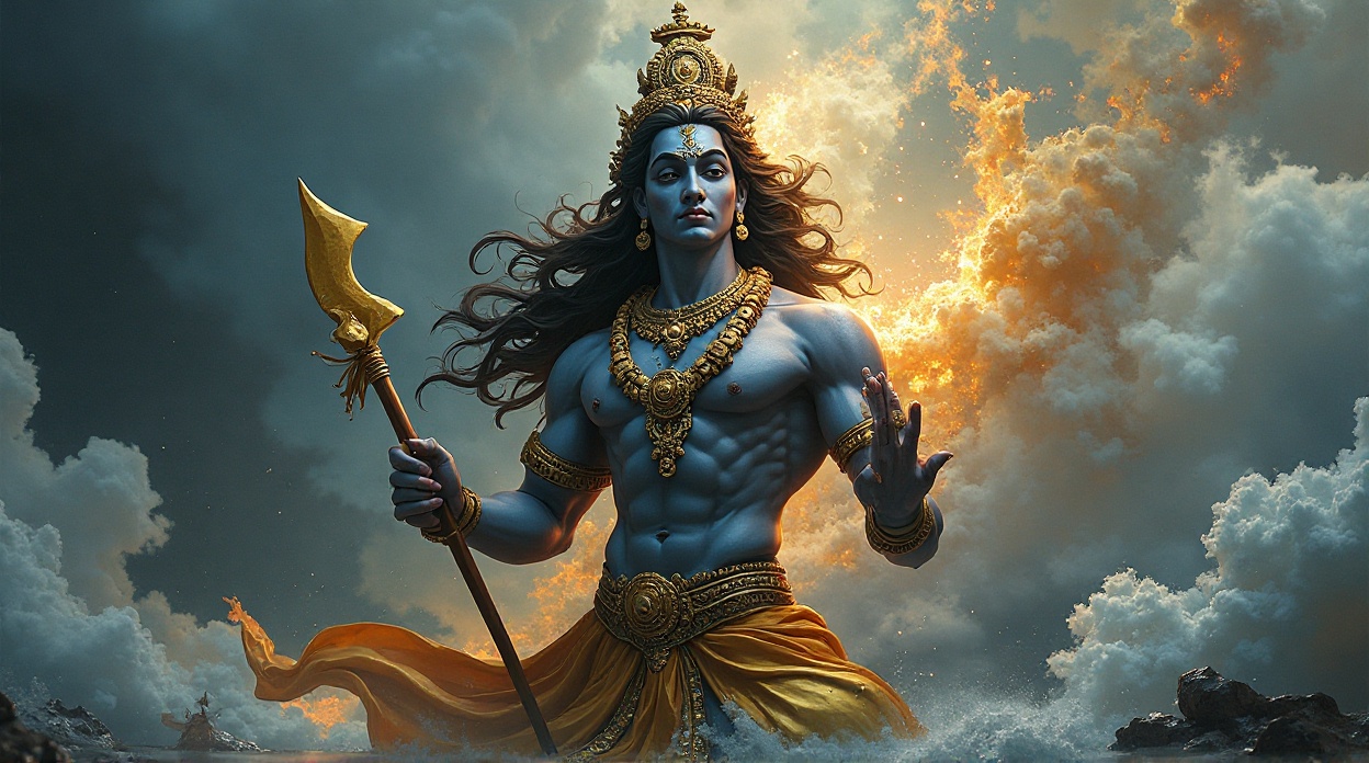 Lord Vishnu with blue skin and golden ornaments standing in the cosmic ocean against a stormy sky with divine light.