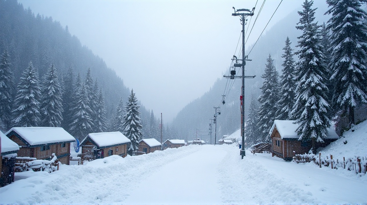 A scenic view of heavy snowfall in Manali, Himachal Pradesh, showing snow-covered roads and trees during a winter storm