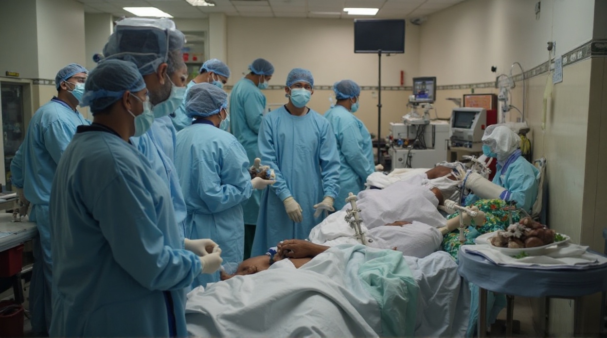 Medical team in full PPE treating a patient in a hospital isolation ward during a Nipah virus outbreak.
