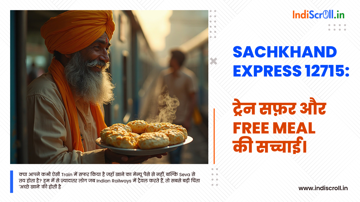 The Sachkhand Express 12715 engine at a station platform, highlighting travel and Indian Railways pantry services.