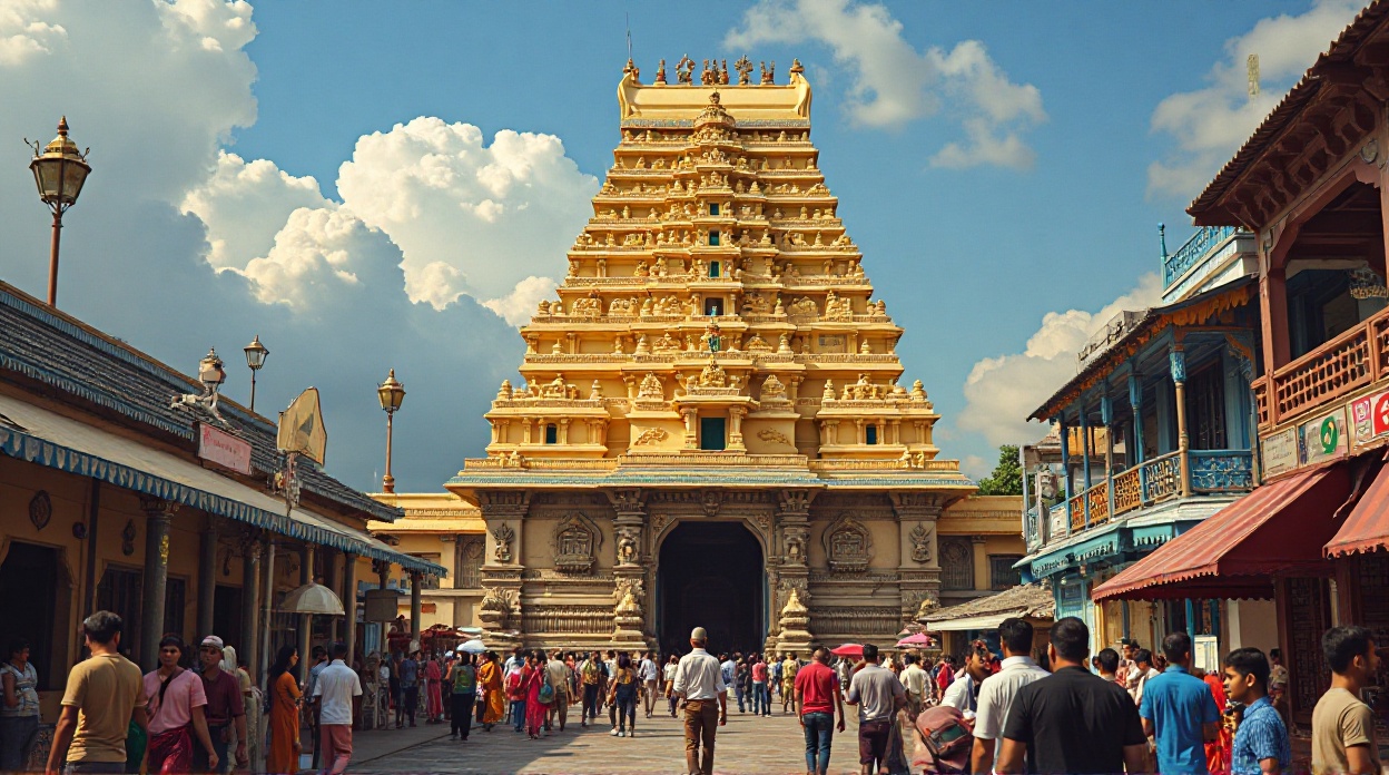 The golden gopuram and ornate entrance of the Udupi Sri Krishna Temple in Karnataka, a major South Indian pilgrimage site.
