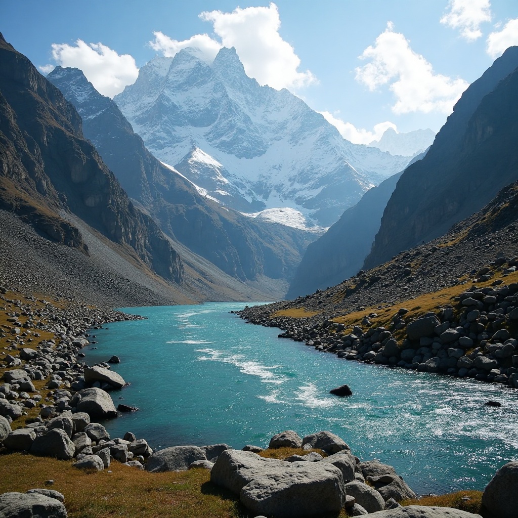 Turquoise Vasuki Tal lake surrounded by steep rocky cliffs and snow-capped Himalayan peaks near Kedarnath.