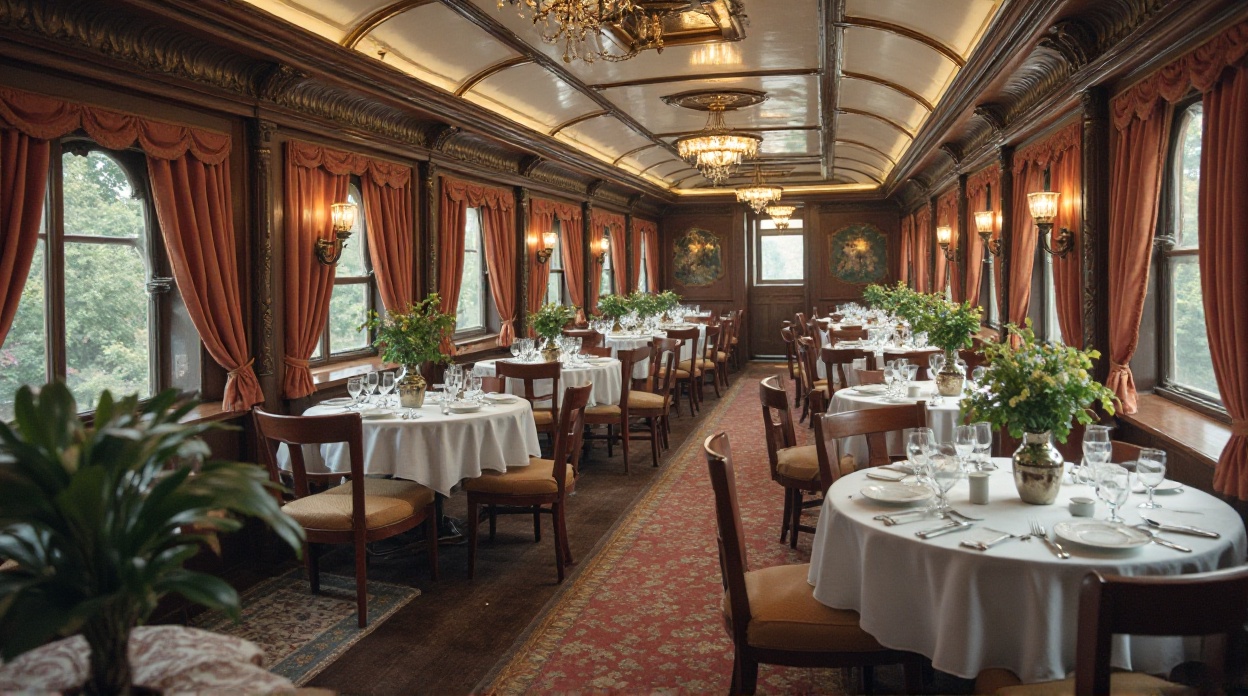 Elegant dining car of a luxury Indian train featuring round tables, white linens, and ornate wooden interiors.