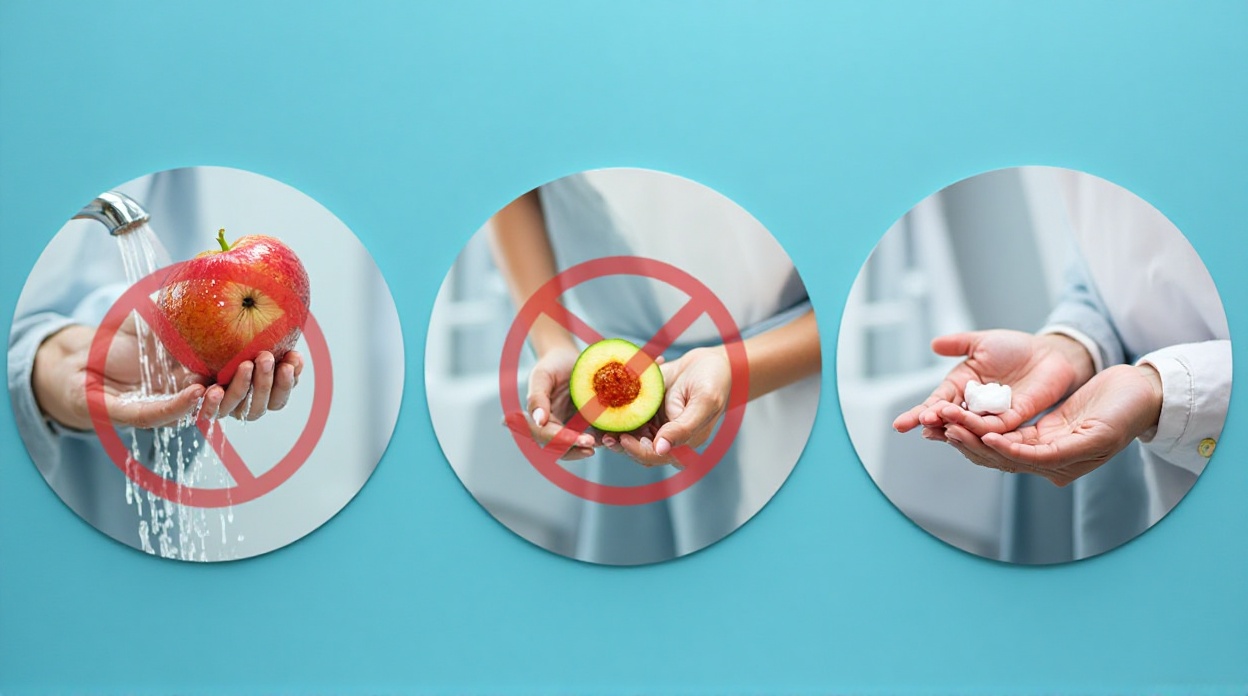 Infographic showing prohibited habits like washing bitten fruit and a person washing hands for Nipah virus safety.