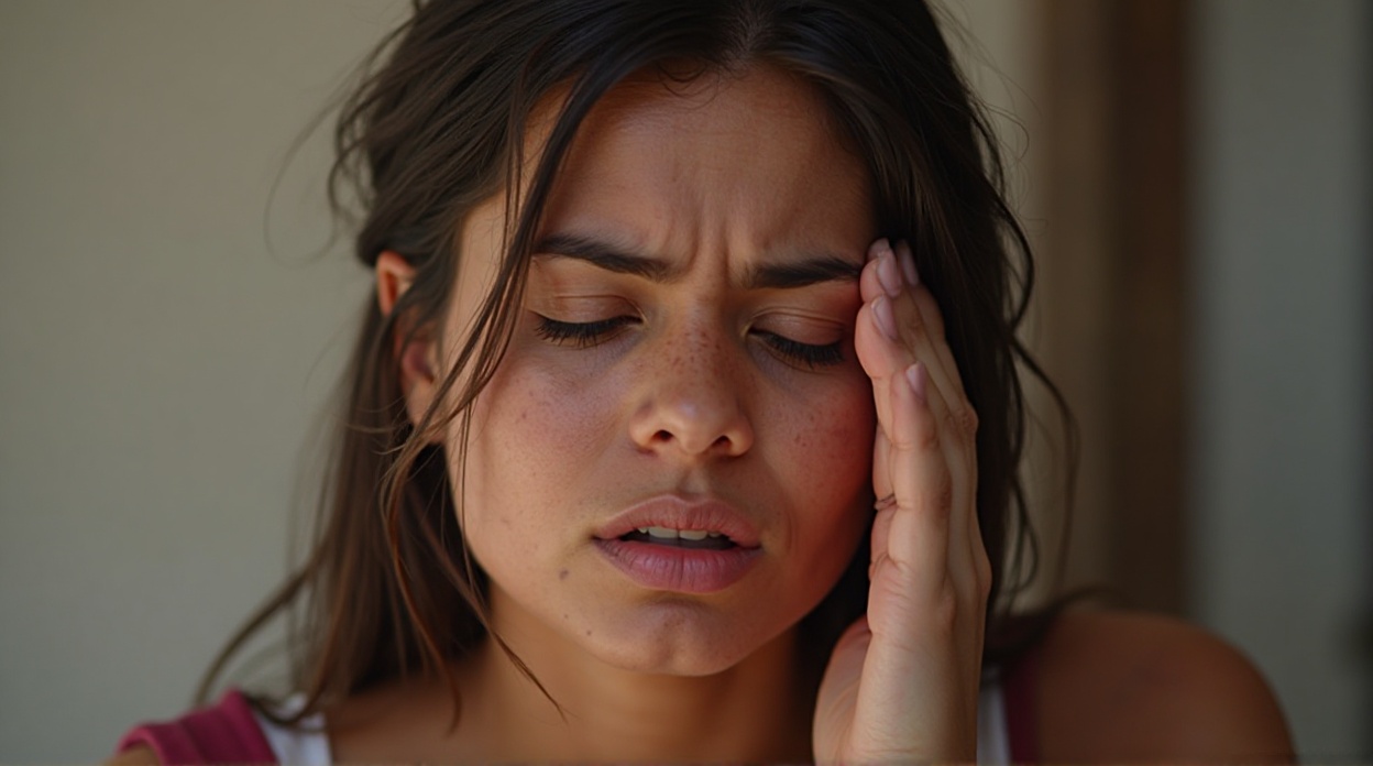 Young woman with freckles holding her head in pain, illustrating common PCOS symptoms like hormonal headaches and stress.