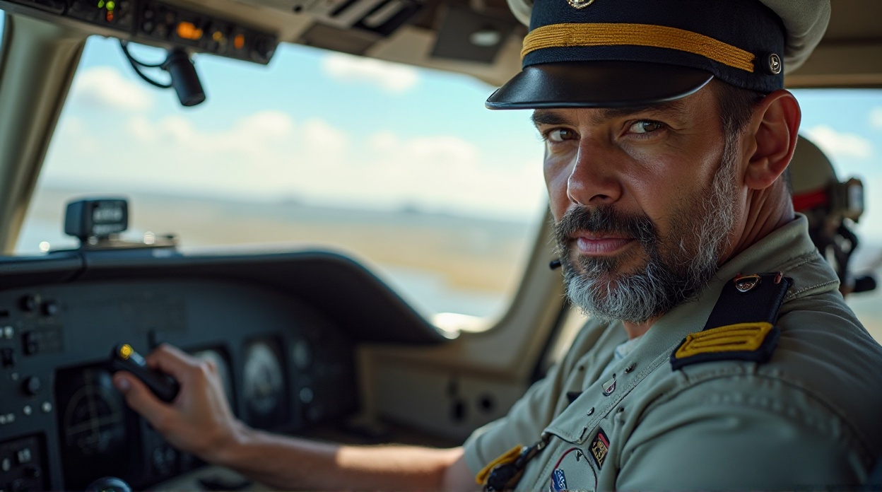 A bearded Air India Express pilot in uniform sitting in a cockpit during his final flight before retirement