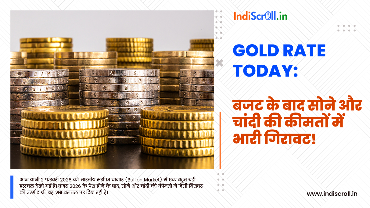 A visual representation of falling gold bars and silver coins indicating a price drop in India after Budget 2026.