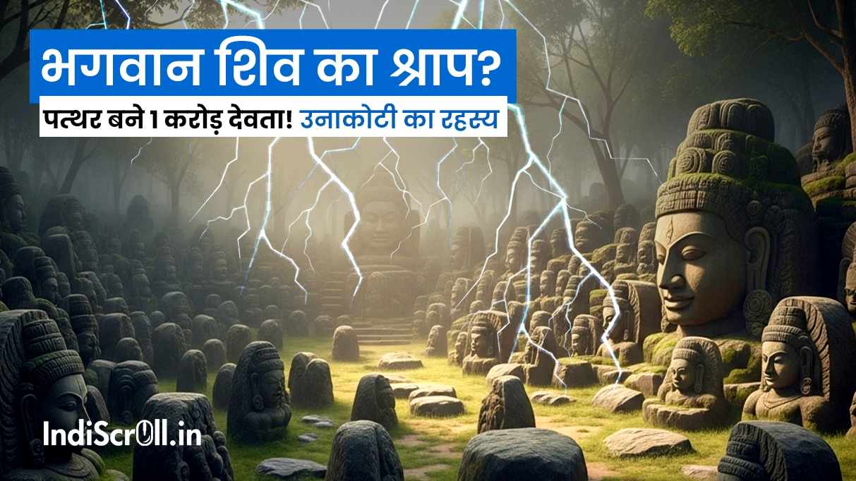 Gigantic ancient rock-cut carving of Lord Shiva at Unakoti hill, Tripura, surrounded by stone deities.