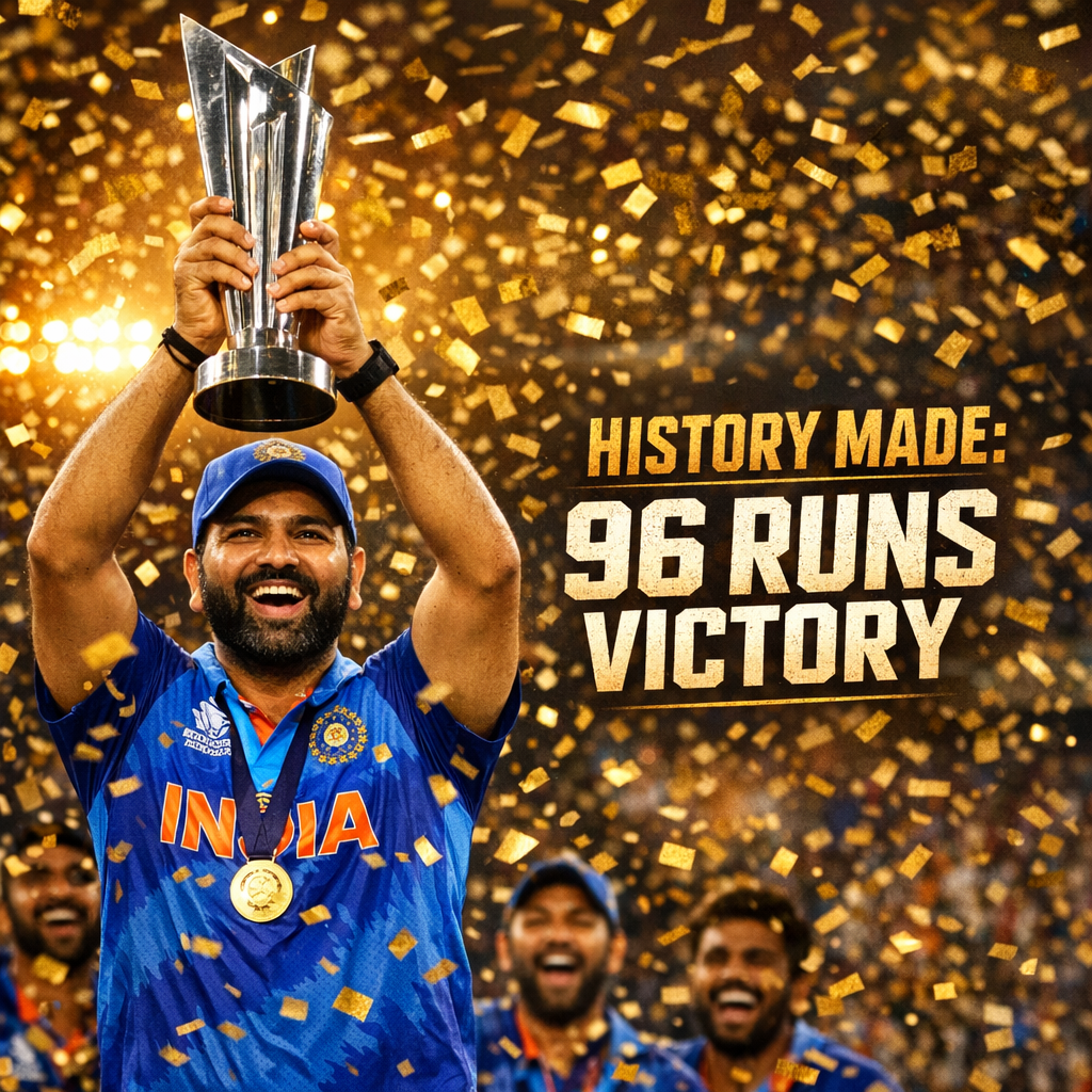 Team India cricketers celebrating on the field after winning the T20 World Cup final by a margin of 96 runs.