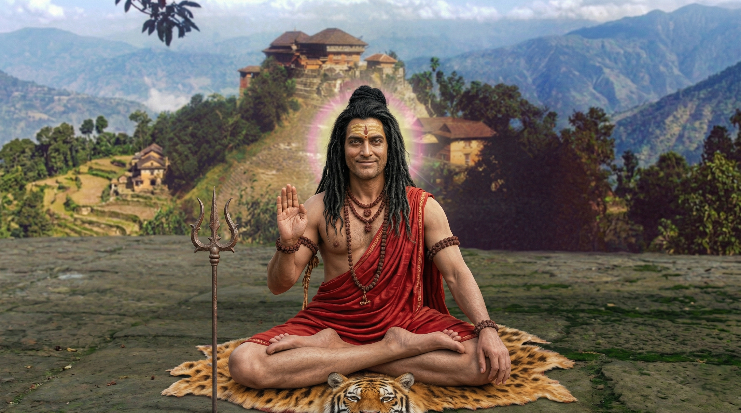 A meditative portrait of Baba Gorakhnath, the legendary founder of the Nath Hindu monastic movement, in saffron attire.