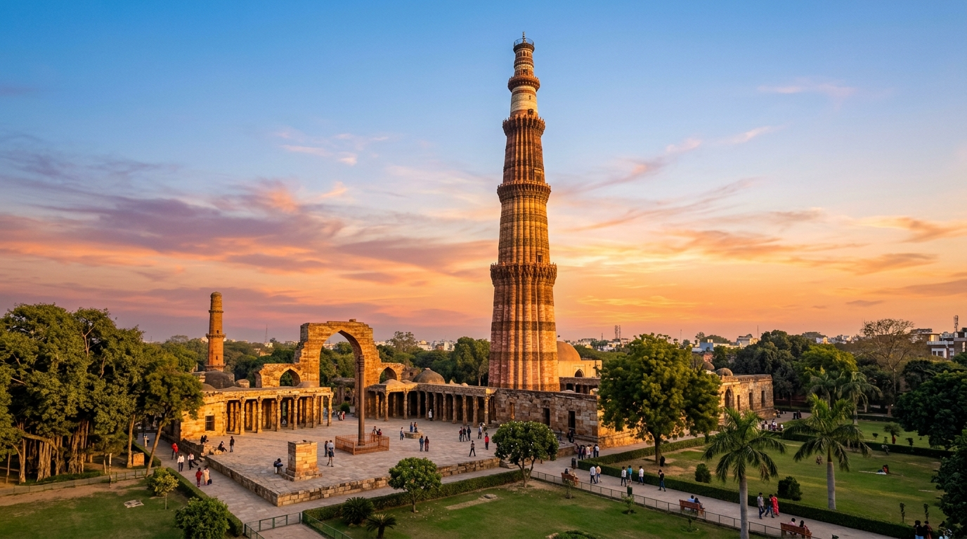 Detailed view of the Qutub Minar's red sandstone and marble layers against a clear blue sky in Delhi, India.