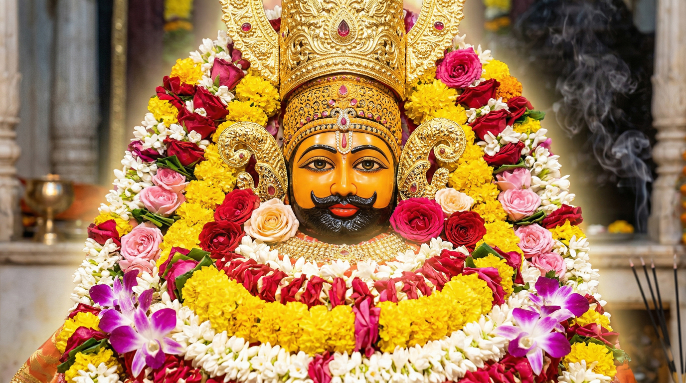 Divine idol of Baba Khatu Shyam Ji adorned with colorful flowers and a golden crown in Sikar Rajasthan.