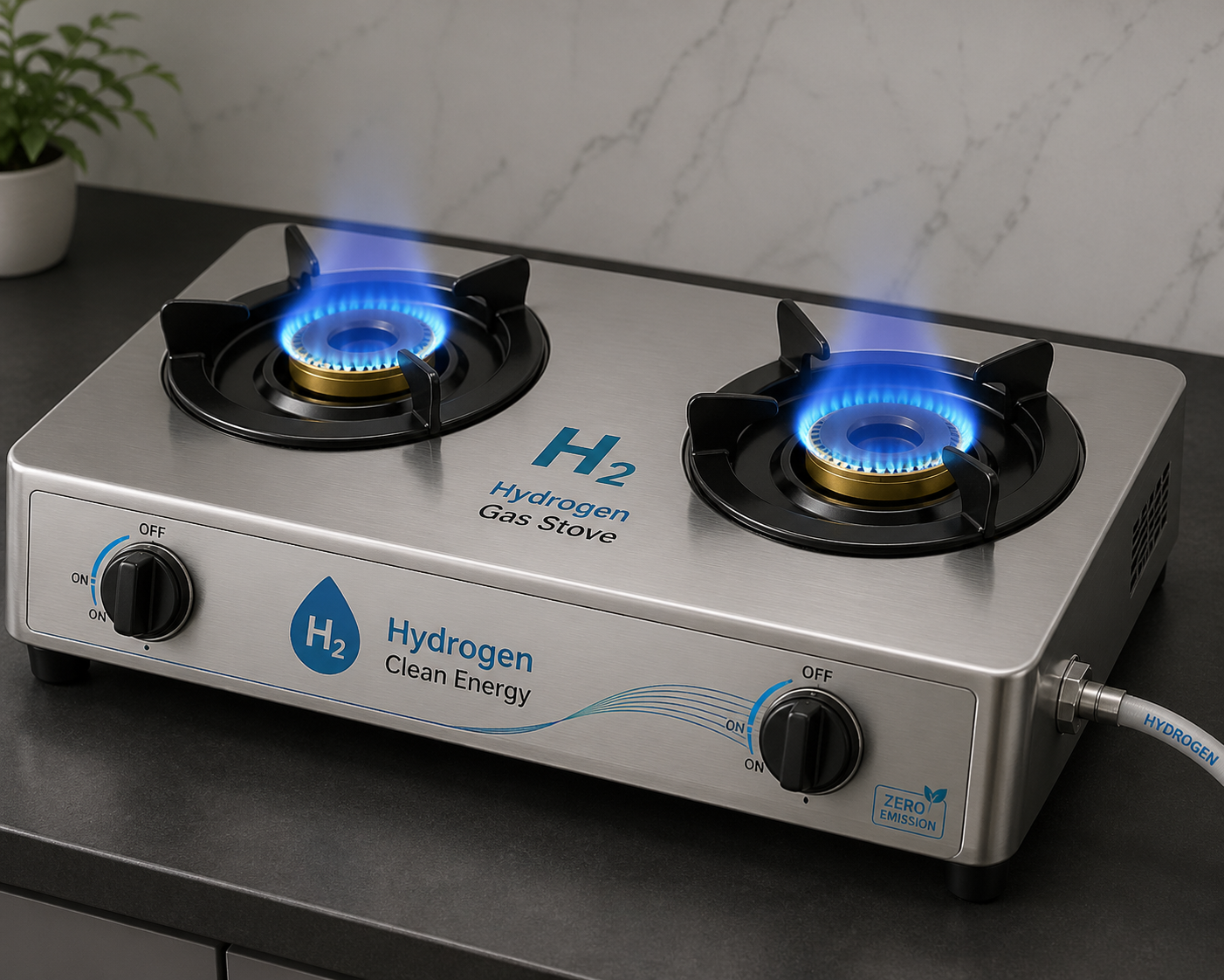 A sustainable green hydrogen cooking stove that generates fuel from water, replacing traditional LPG gas cylinders.